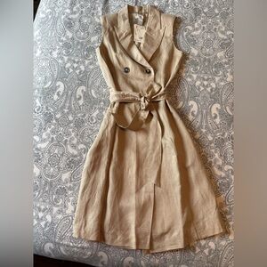 H&M Khaki Tan Linen Blend Double-Breasted Sleeveless Dress | XS